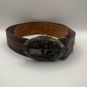 Brown Leather Belt with Silver Buckle deputy old